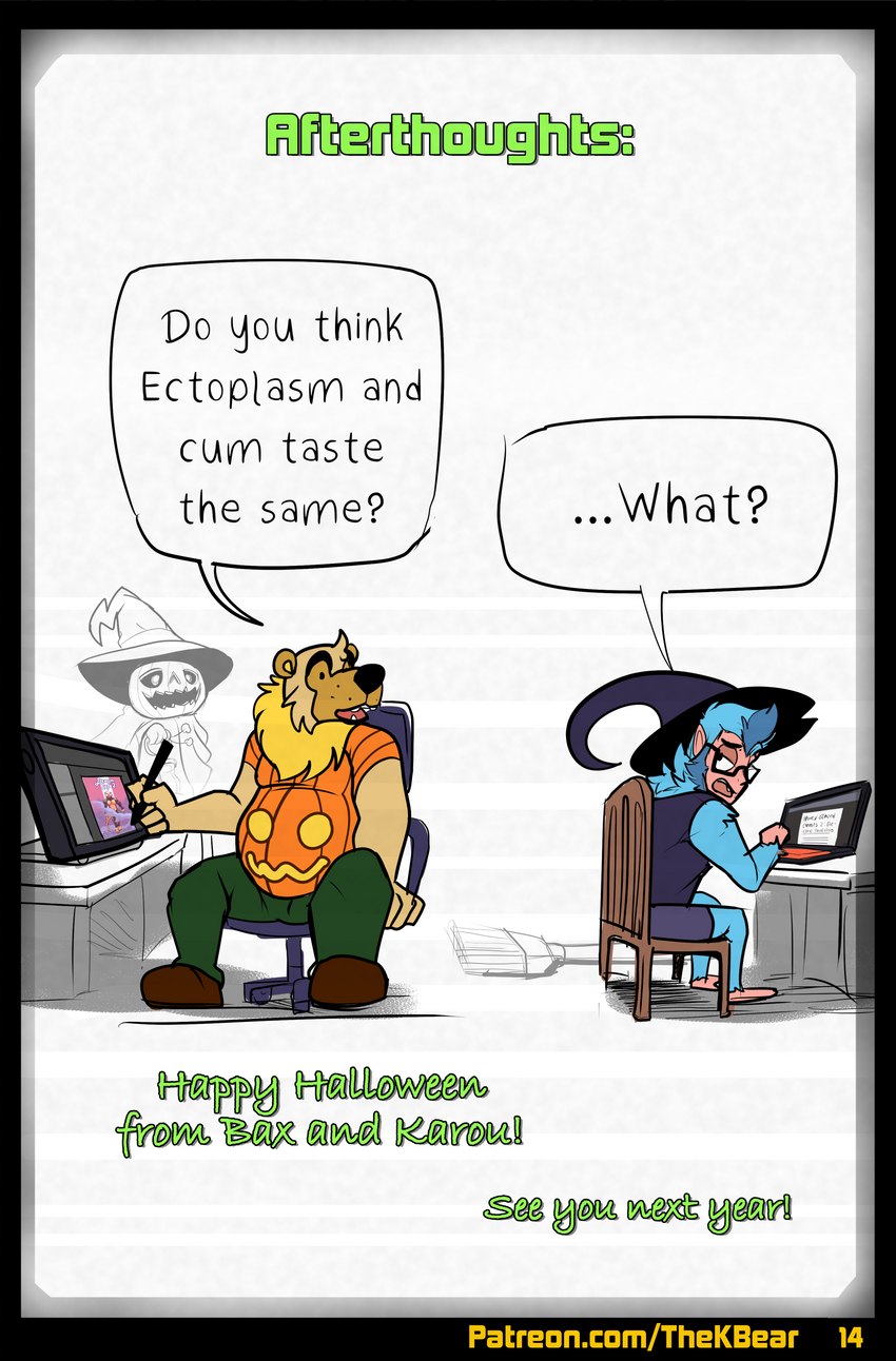 anthro broom chair cleaning_tool clothing computer costume dialogue drawing_in_a_drawing drawing_tablet electronics furniture halloween_costume holiday_message holidays jack-o'-lantern laptop male male_anthro on_chair simple_background sitting sitting_on_chair size_difference text white_background thekinkybear halloween bax_(monkeydbax) karou_(thekbear) absurd_res comic english_text hi_res