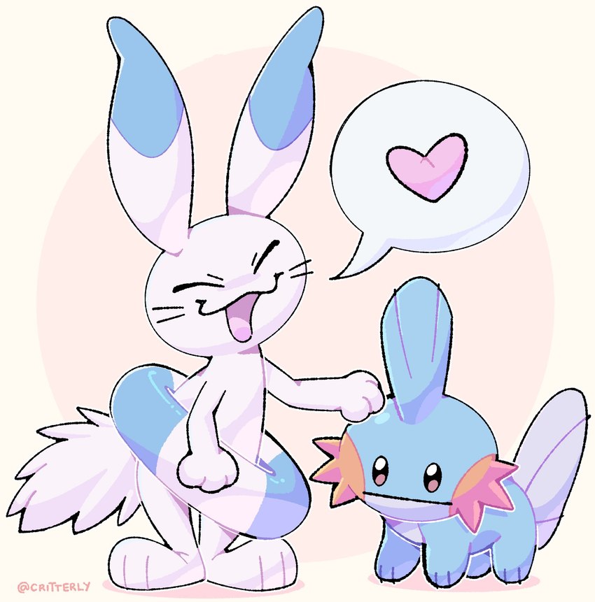 3_fingers 3_toes ambiguous_gender anthro blue_body blue_fur duo eyes_closed feet fingers fur happy headpat heart_symbol simple_background speech_bubble toes white_body white_fur critterly 2024_pokemon_gigaleak beta_pokemon_games nintendo pokemon beta_pokemon_(species) generation_3_pokemon lagomorph mammal mudkip pokemon_(species) warabbit 2024 english_description hi_res