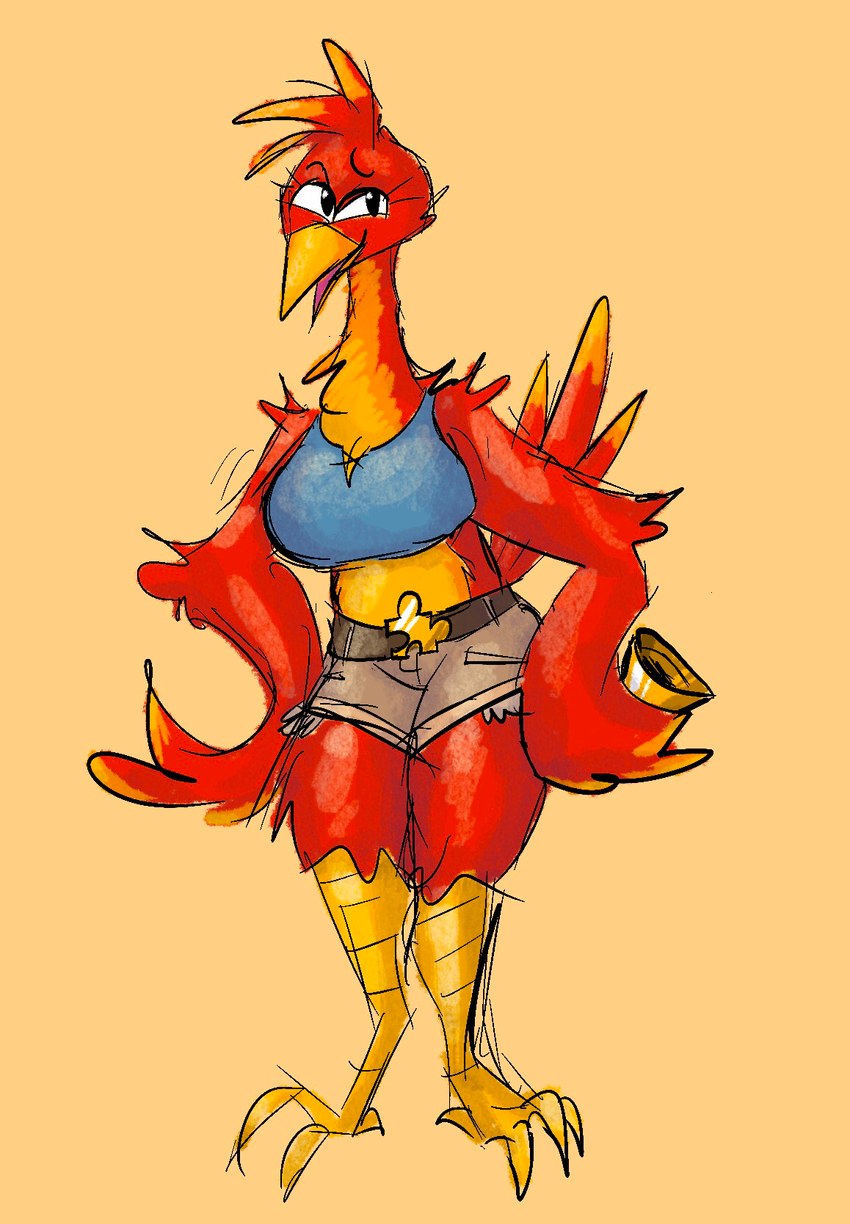 anthro belt big_breasts bottomwear breasts clothing crop_top female long_neck orange_background shirt shorts simple_background solo tank_top thick_thighs topwear saphreen banjo-kazooie rareware kazooie avian bird humanoid hi_res