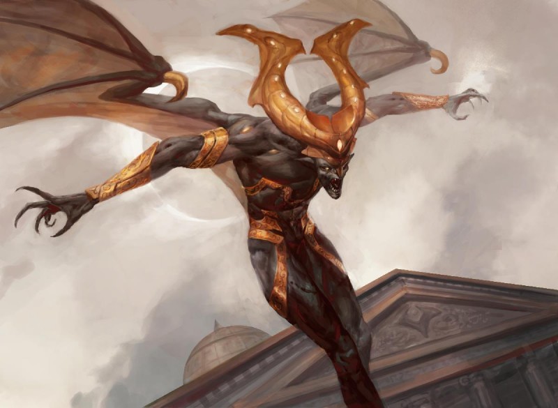 5_fingers armlet armor black_body black_skin building claws cloud dutch_angle fingers front_view horn male membrane_(anatomy) membranous_wings open_mouth outside sky solo spread_arms teeth vambrace wings peter_mohrbacher hasbro magic:_the_gathering wizards_of_the_coast demon humanoid detailed official_art