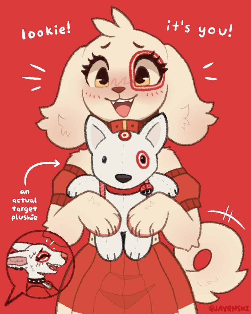 anthro clothed clothing collar crossgender dialogue emanata eye_patch_(marking) eyebrows eyelashes eyes_closed facial_markings female head_markings holding_object holding_plushie markings mascot open_mouth open_smile patch_(marking) plushie red_background red_clothing simple_background smile solo tail text jayrnski target_corporation bullseye_(target) spot_(jayrnski) bull_terrier canid canine canis domestic_dog hunting_dog mammal terrier 2024 artist_name english_text hi_res