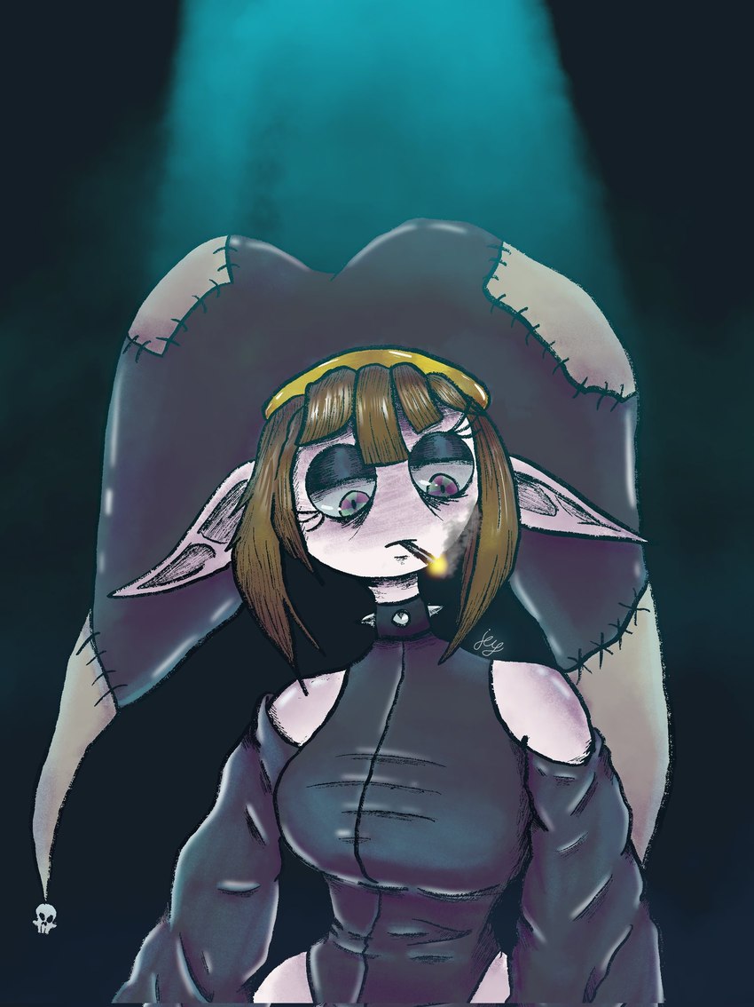 alternate_costume alternate_species alternative_fashion bangs black_background black_clothing black_eyeshadow black_headwear blue_eyes blunt_bangs breasts brown_hair choker cigarette clothing ears_down eyelashes eyeliner eyeshadow female fool's_hat goth hair half-closed_eyes hat headgear headwear humanoid_pointy_ears jester jewelry long_sleeves looking_down makeup multicolored_eyes narrowed_eyes necklace noseless not_furry pale_skin patch_(fabric) pivoted_ears pointy_ears red_eyes shoulderless_topwear side_bangs simple_background skull_accessory smoking solo spiked_choker spotlight lunerstudios glitch_productions the_amazing_digital_circus goth_pomni_(usa37107692) pomni_(tadc) elf humanoid 2024 half-length_portrait hi_res portrait shaded