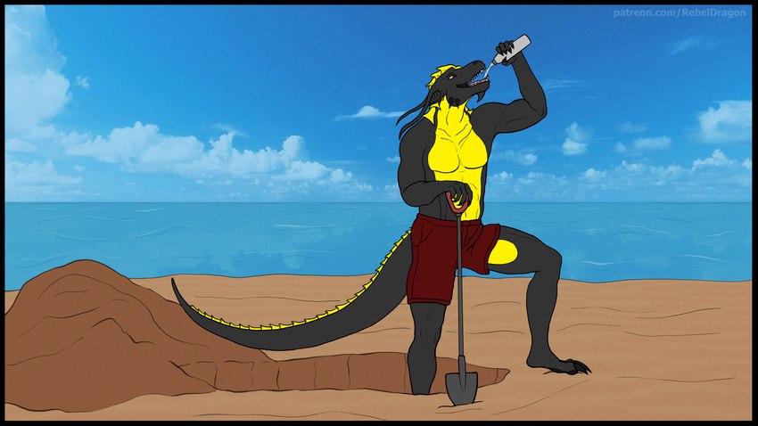 abs anthro beach belly black_body black_border black_claws black_scales blue_sky border bottle bottomwear claws clothed clothing cloud container day drinking fangs feet finger_claws flexing flexing_bicep holding_bottle holding_container holding_object holding_shovel holding_tool hole_(pit) light long_ears looking_up male navel open_mouth outside pawpads paws pecs red_bottomwear red_clothing red_eyes red_shorts sand scales sea shirt shorts shovel sky solo sunlight sunny tail tail_ridge tank_top teeth text thick_thighs toe_claws toes tongue tools topless topless_anthro topless_male topwear water water_bottle yellow_body yellow_scales rebeldragon101 mythology ernesto_(rebeldragon101) dragon mythological_creature mythological_scalie scalie 16:9 2024 full-length_portrait hi_res portrait url widescreen