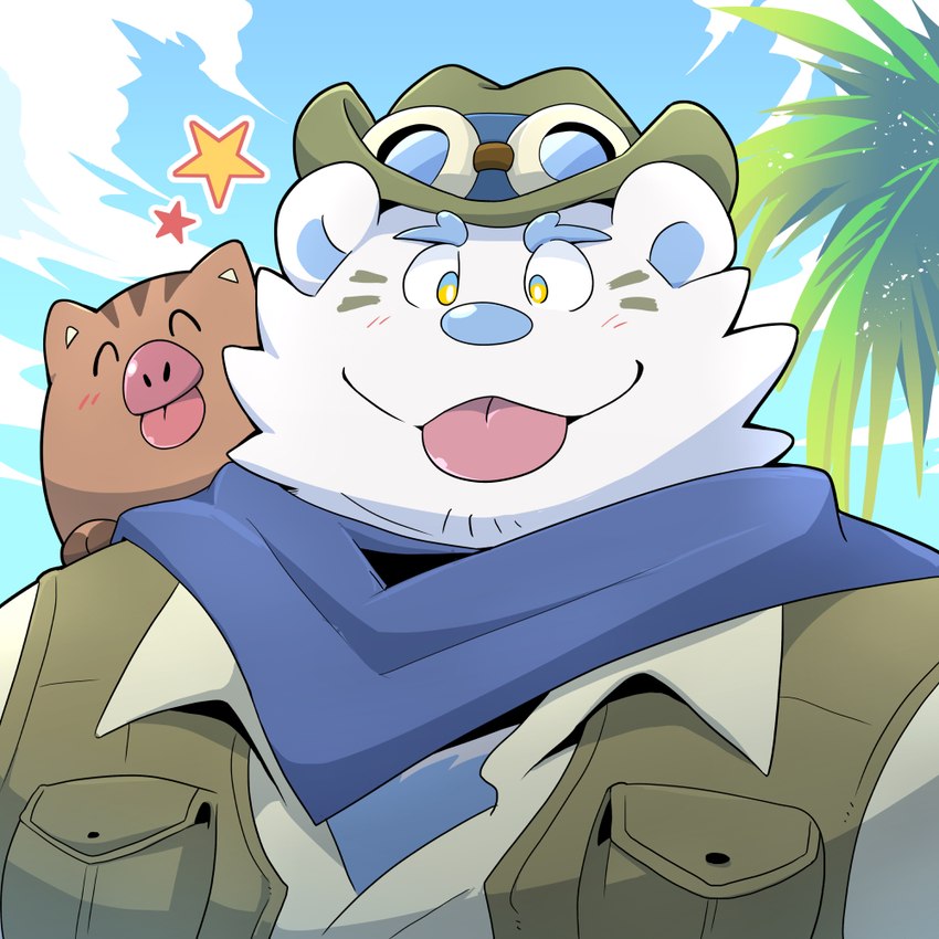 blue_nose blush brown_body clothed clothing cloud detailed_background duo eyes_closed feral hat headgear headwear kemono male palm_tree plant tongue tongue_out tree white_body takataka anothereidos_of_dragon_vein_r patty_(anothereidos_r) mammal suid suina sus_(pig) wild_boar yeti 1:1 2023 portrait