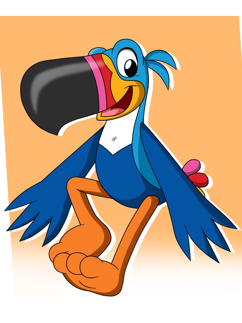 beak looking_at_viewer male mascot open_beak open_mouth open_smile smile smiling_at_viewer solo tyrotspacecat froot_loops kellogg's toucan_sam avian bird toucan 2021 hi_res