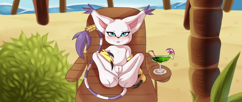 beach beverage biped blue_eyes blush chair claws cocktail_glass container cup detailed_background drinking_glass fangs female feral fur furniture genitals glass glass_container glass_cup long_claws looking_at_viewer oasis outside presenting presenting_pussy pussy seaside semi-anthro sitting solo spread_legs spreading teeth pilitan bandai_namco digimon feline_fantasies gracie_(ff) digimon_(species) felid gatomon mammal hi_res