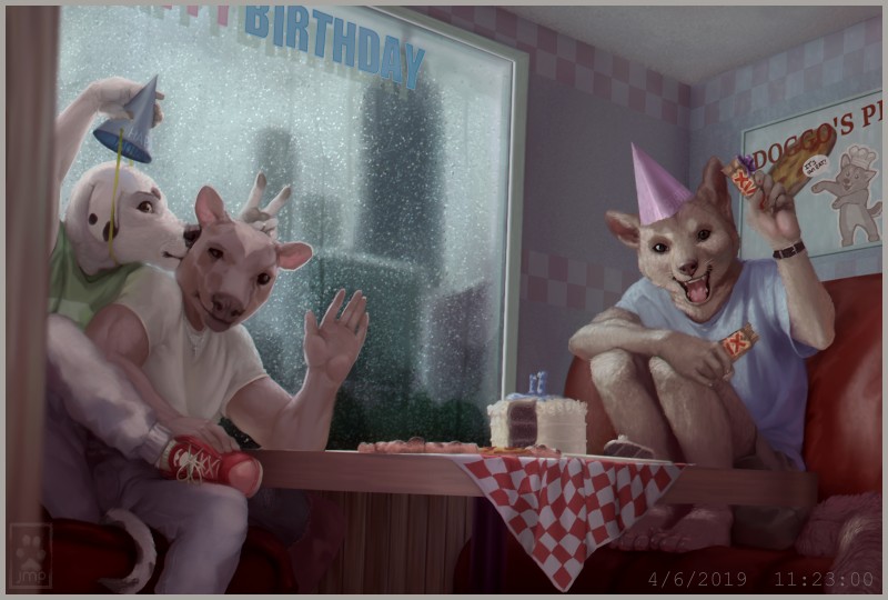 birthday border cake candy dessert food grey_border group male party pizza raining window fuzzle_(artist) mars_incorporated twix bovid bovine canid canine canis cattle dalmatian domestic_dog mammal shiba_inu spitz hi_res