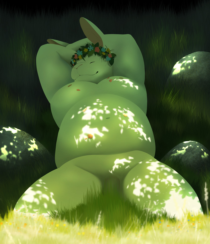 anthro flaccid flower flower_crown fur genitals grass holidays light lying lying_on_ground male on_back on_ground overweight overweight_anthro overweight_male penis plant rock smile solo sunlight white_body white_fur gaylittlepackrat easter lagomorph leporid mammal rabbit absurd_res hi_res shaded