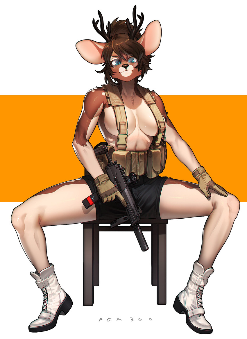 anthro antlers big_breasts big_ears blue_eyes bottomwear breasts brown_hair chair clothed clothing combat_gear combat_gloves female furniture gloves gun hair handwear holding_gun holding_object holding_ranged_weapon holding_weapon horn looking_at_viewer mp7 ranged_weapon shorts simple_background sitting solo spread_legs spreading submachine_gun topless trigger_discipline weapon pgm300 cervine deer mammal absurd_res digital_media_(artwork) hi_res shaded signature