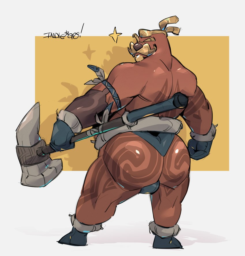 anthro back_muscles barazoku big_butt blonde_hair brown_body bulge butt butt_tattoo clothing covered_eyes eyebrows facial_hair glistening glistening_butt hair holding_object holding_weapon male muscular muscular_male mustache pose rear_view solo tattoo underwear weapon arts_of_indiego potionomics muktuk mammal marine pinniped walrus absurd_res full-length_portrait hi_res portrait