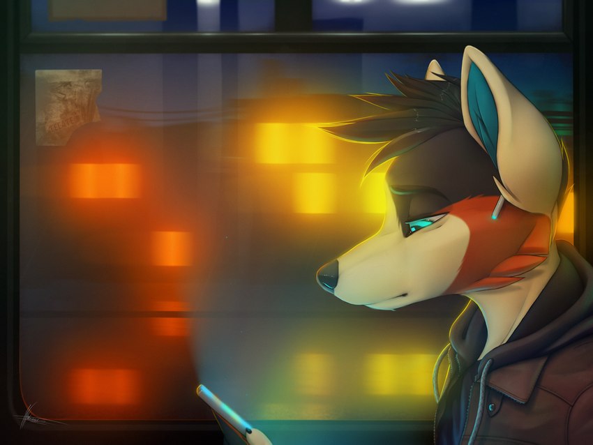 anthro blue_body blue_eyes blue_fur cellphone clothed clothing electronics fur hair headphones jacket leather leather_clothing leather_jacket leather_topwear male phone solo topwear urban vbest airpods fletchel canid canine canis domestic_dog fox hybrid mammal 2020