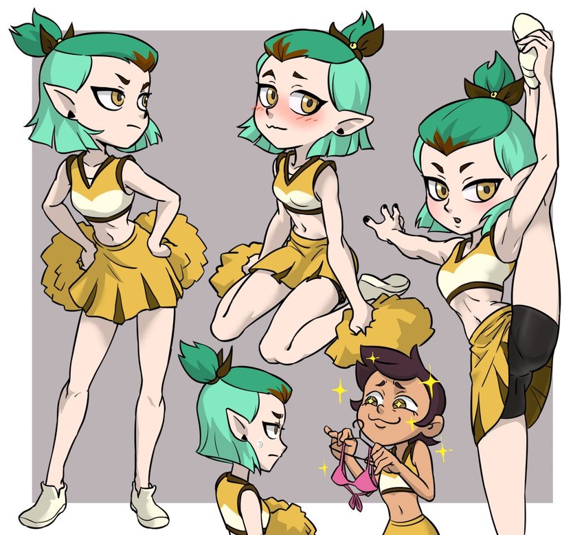 accessory adolescent blush bow_(feature) bow_accessory bow_ribbon bra breasts centered_hair_bow cheerleader cheerleader_outfit cheerleading_pose clothing duo ear_piercing ear_ring eye_contact female green_hair hair hair_accessory hair_bow hair_ribbon humanoid_pointy_ears kneeling looking_at_another navel not_furry piercing pointy_ears pom_poms pose raised_leg ribbons ring_piercing sitting sparkles underwear young young_female young_human young_humanoid centinel303 disney the_owl_house amity_blight luz_noceda human humanoid mammal witch_(the_owl_house) 2020