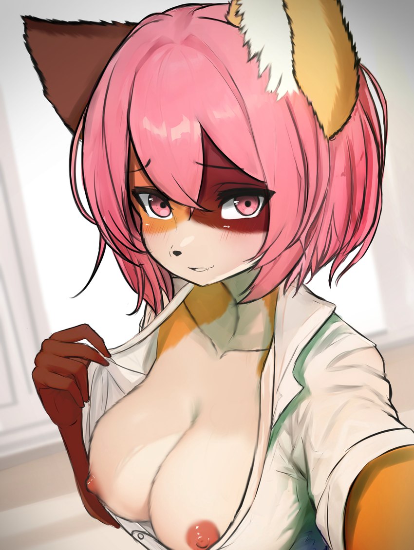 anthro areola big_breasts blush blush_lines breasts brown_face brown_hands clothed clothing countershade_face countershade_torso countershading exposed_breasts eyebrow_through_hair eyebrows eyelashes female fingers fur hair hand_on_clothing kemono looking_at_viewer nipples office_clothing office_lady open_clothing open_mouth orange_body orange_face orange_fur partially_clothed pink_areola pink_eyes pink_hair pink_nipples presenting presenting_breasts seductive shirt short_hair solo topwear translucent translucent_hair white_body white_clothing white_face white_fur white_shirt white_topwear window lilkon yumaru_(lilkon) calico_cat domestic_cat felid feline felis mammal absurd_res hi_res