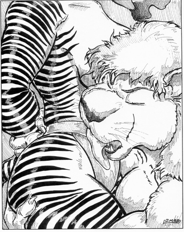 anthro clothing duo female interspecies male male/female panties predator/prey stripes tail tongue underwear oscar_marcus equid equine felid lion mammal pantherine zebra 1998 greyscale monochrome