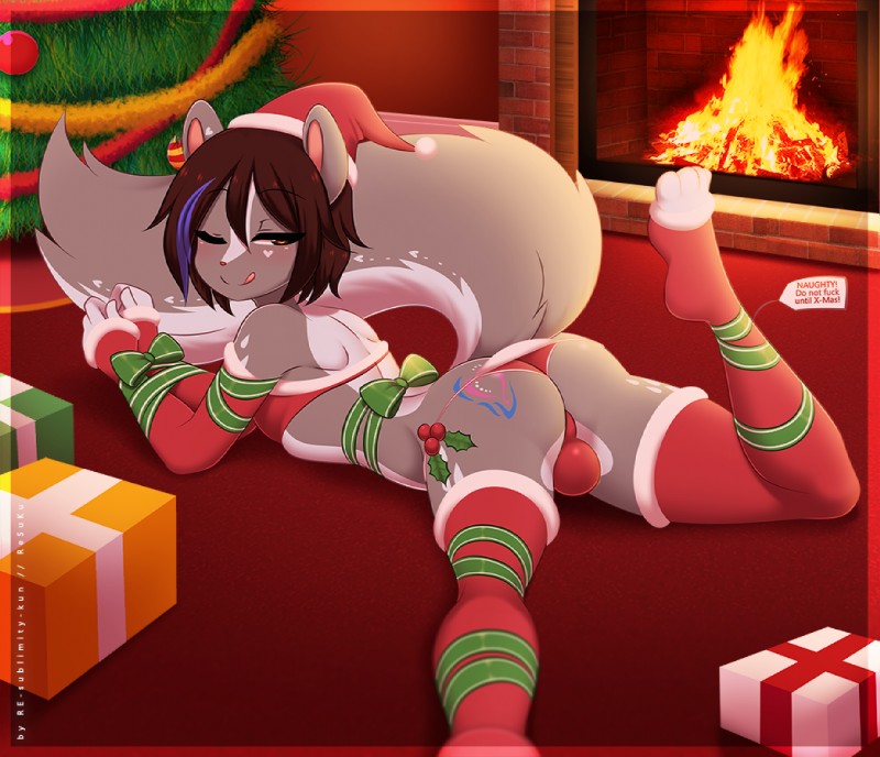 anthro arm_bow back_bow balls balls_outline bdsm biped blue_highlights bondage bound bow_(feature) brown_hair bulge butt christmas_clothing christmas_headwear christmas_tree clothed clothing crossdressing detailed_bulge femboy fireplace fluffy fluffy_tail fur genital_outline genitals gift gift_tag gift_wrapped grey_body grey_fur hair hands_tied hat headgear headwear heart_(marking) highlights_(coloring) holidays holly_(plant) legwear licking licking_lips licking_own_lips light_bondage looking_at_viewer looking_back lying makeup male markings mascara on_front one_eye_closed person_as_gift person_present plant presenting presenting_hindquarters red_clothing ribbon_bondage ribbons santa_hat seductive self_lick slave solo stockings tail text tongue tongue_out tree white_body white_fur wink re-sublimity-kun christmas elias_larranaga_(pluvioskunk) mammal mephitid skunk tag_(disambiguation) digital_media_(artwork) english_text shaded