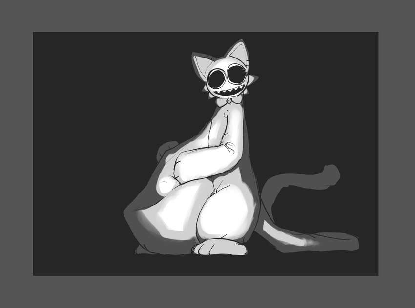 ambiguous_anthro ambiguous_gender ambiguous_pred anthro anthro_pred belly belly_squish big_belly biped border bow_tie bow_tie_only cheek_tuft creepy_smile dark ears_up empty_eyes facial_tuft fully_inside grey_background grey_border hand_on_belly hand_on_own_belly hands_on_own_belly hollow_eyes huge_belly long_tail looking_at_viewer monotone_background mostly_nude open_mouth open_smile shadow sharp_teeth side_view simple_background smile smiling_at_viewer solo soul_devouring_eyes squish tail teeth tuft unseen_prey vore wide_smile wrinkles wrinkles_in_clothes misoden_(artist) delibas_(misoden) animate_inanimate domestic_cat felid feline felis living_clothing living_costume living_fursuit mammal 2024 digital_drawing_(artwork) digital_media_(artwork) greyscale monochrome shaded