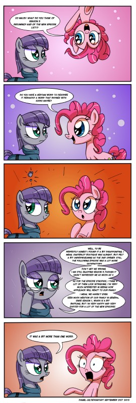 dialogue duo eyewear female frock fur glasses grey_body grey_fur hair pink_body pink_fur purple_hair text the_truth daniel-sg friendship_is_magic hasbro my_little_pony maud_pie_(mlp) pinkie_pie_(mlp) earth_pony equid equine horse mammal pony 2015 absurd_res comic english_text hi_res