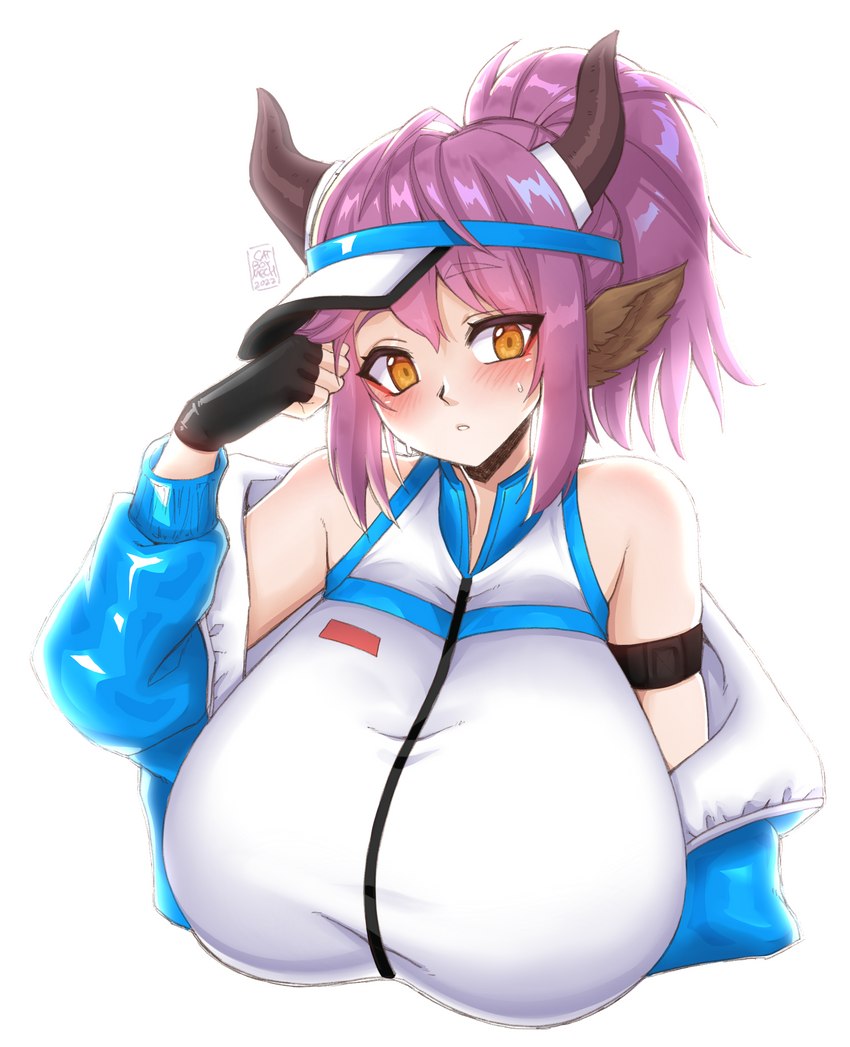 big_breasts blush breasts female hair horn huge_breasts purple_hair simple_background solo white_background yellow_eyes cakecatboy arknights hypergryph studio_montagne sideroca_(arknights) horned_humanoid humanoid hi_res