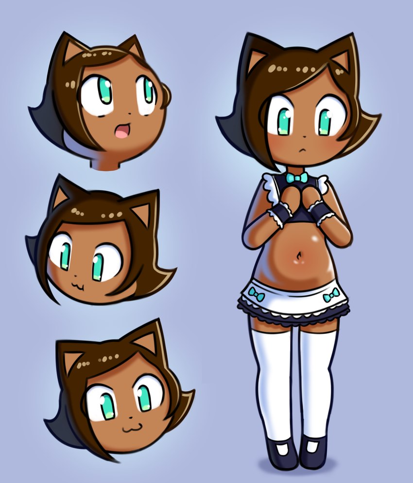 anthro bottomwear brown_body brown_hair clothing crop_top female footwear frown green_eyes hair legwear maid_uniform navel shirt shoes skirt smile socks solo thigh_highs topwear uniform disfigure garcia domestic_cat felid feline felis mammal hi_res