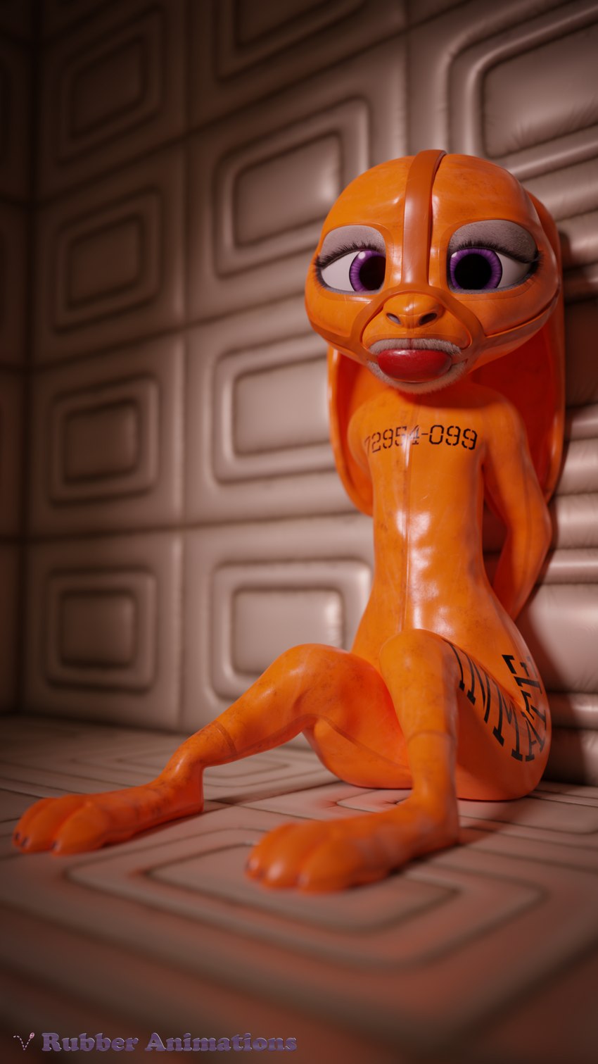 anthro ball_gag female gag inmates_clothing latex orange_jumpsuit prison prison_suit solo rubber_(artist) disney zootopia judy_hopps lagomorph leporid mammal rabbit 3d_(artwork) 4k 9:16 absurd_res digital_media_(artwork) hi_res