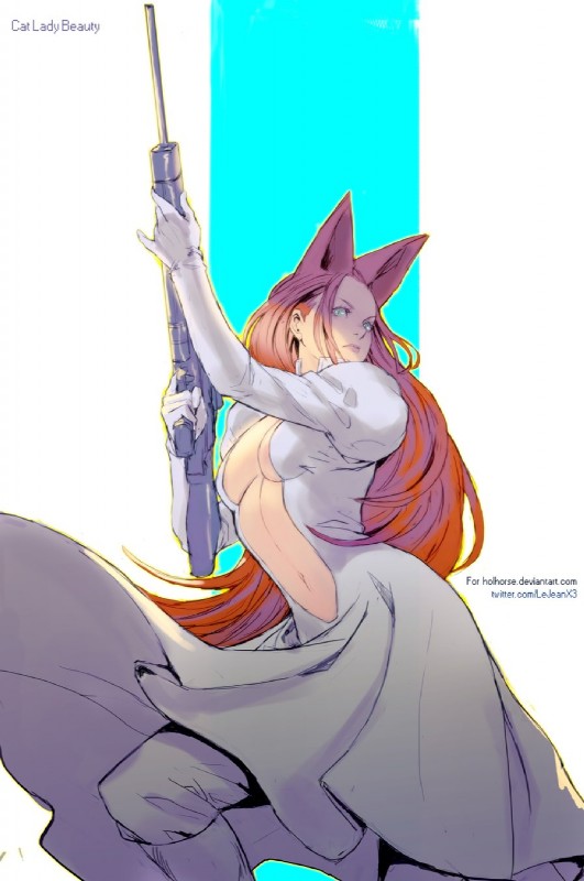 animal_ears breasts cleavage clothed clothing dress female green_eyes gun hair holding_gun holding_object holding_ranged_weapon holding_rifle holding_weapon orange_hair ranged_weapon rifle solo text weapon lejeanx3 cannon_spike cat_lady_beauty animal_humanoid cat_humanoid felid felid_humanoid feline feline_humanoid humanoid mammal mammal_humanoid english_text hi_res url