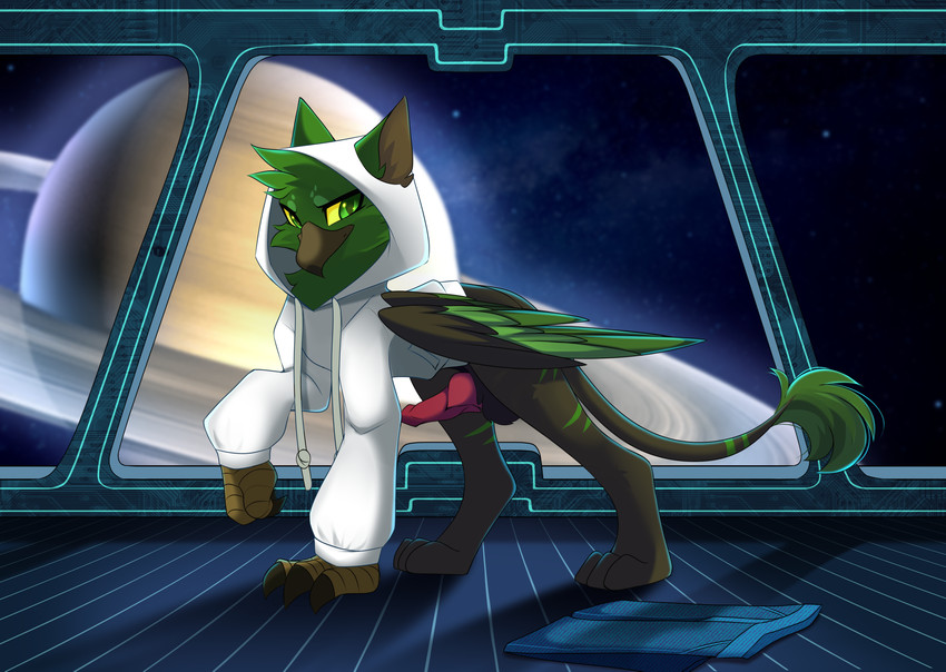 beak black_body black_fur clothing feathered_wings feathers feet feral fur green_body green_feathers green_tail hoodie inside looking_at_viewer male multicolored_wings planet ringed_planet solo space spacecraft tail tail_tuft talons toes topwear tuft vehicle window wings airiniblock hasbro my_little_pony mythology fan_character talonburd_(character) avian gryphon mythological_avian mythological_creature absurd_res hi_res