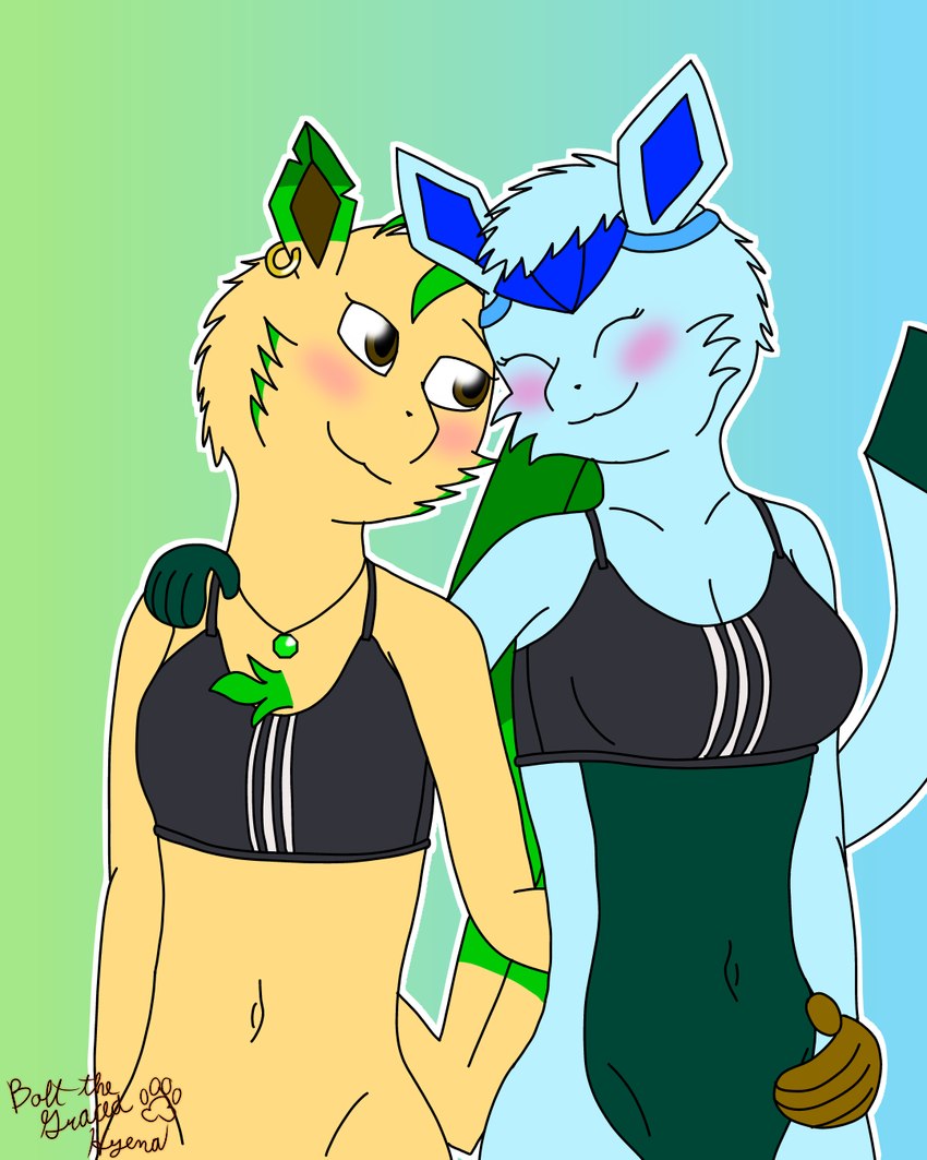 anthro blue_body blue_fur blush bottomless breast_size_difference breasts brown_body brown_eyes brown_fur chest_tuft cleavage clothed clothing duo ear_piercing ear_ring eyes_closed female female/female fur green_body green_fur hand_on_hip hand_on_shoulder happy holding_partner jewelry necklace piercing ring_piercing romantic romantic_couple tail tan_body tan_fur text topwear tuft scoutthecat02 nintendo pokemon sports_bra_difference_meme lisa_devellis marissa_reinhart eeveelution generation_4_pokemon glaceon leafeon pokemon_(species) 4:5 artist_name hi_res