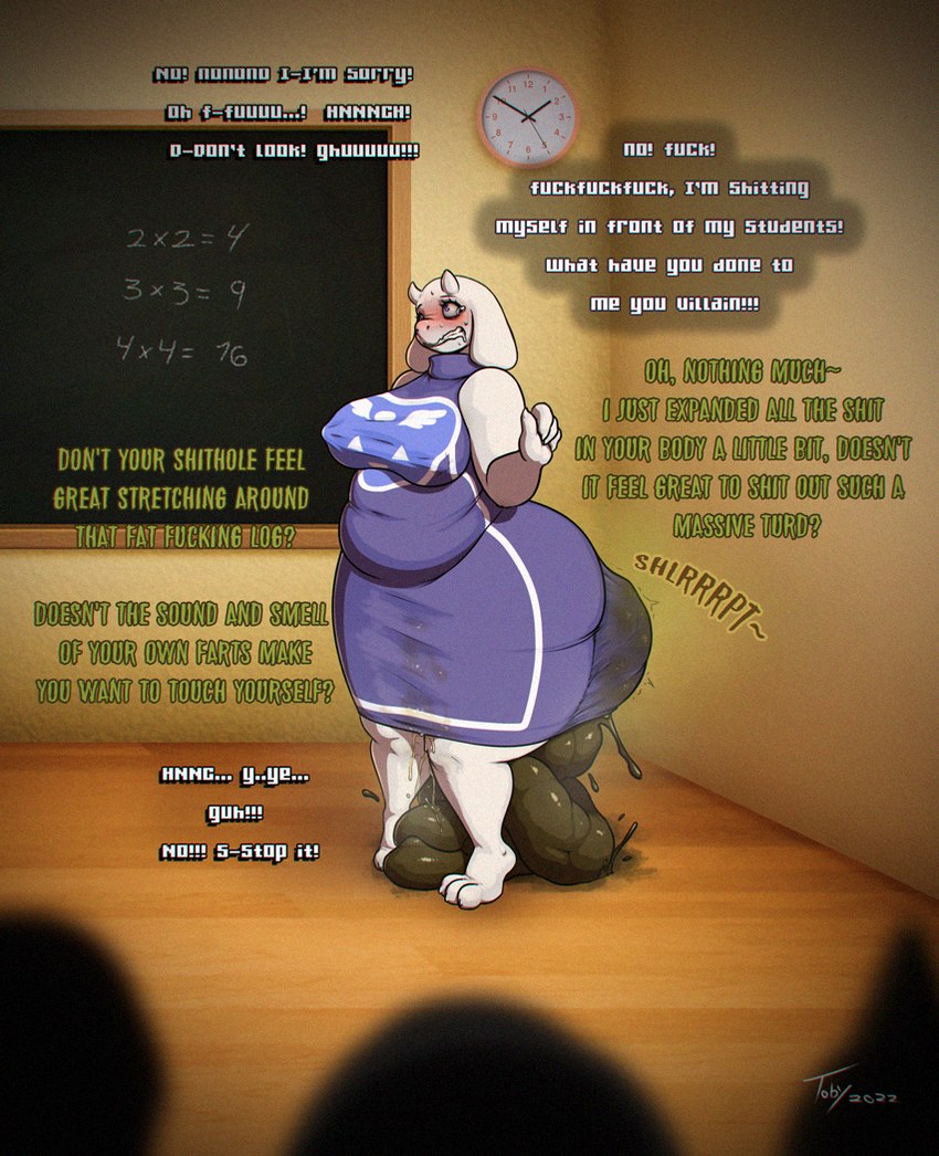 anthro blush bodily_fluids chalkboard classroom clothed clothing crying dialogue drooling feces female fully_clothed genital_fluids group offscreen_character peeing pooping_on_floor pooping_on_self public robe saliva scatplay school slightly_chubby soiling solo_focus sweat teacher tears text urine visible_stench watersports toby_art undertale undertale_(series) toriel boss_monster_(undertale) bovid caprine goat mammal 2022 comic english_text