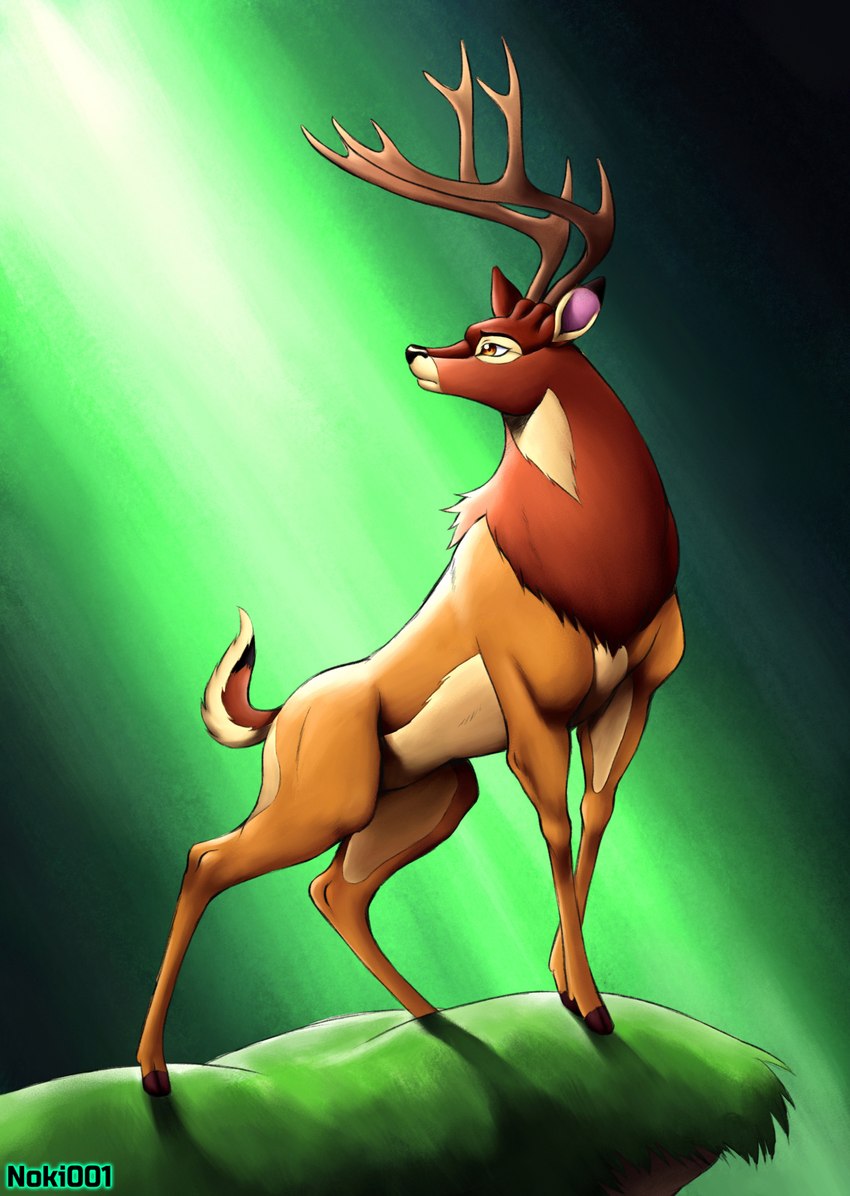 antlers black_nose brown_body brown_eyes brown_fur detailed_background feral fur grass hooves horn male mouth_closed plant short_tail solo standing tail tan_body tan_fur thin_legs noki001 bambi_(film) disney the_great_prince_of_the_forest deer mammal hi_res