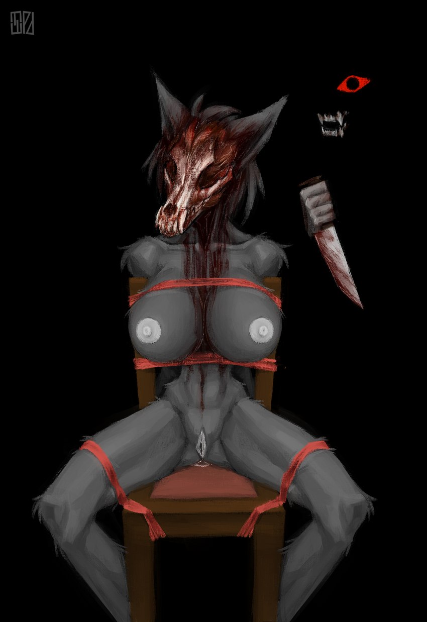 anthro arm_tuft bdsm black_body black_fur blood blood_from_wound bodily_fluids bondage bone bound chair chair_bondage cosplay curvy_figure empty_eye_sockets empty_eyes exposed_skull eyelashes faceless faceless_anthro faceless_character faceless_female fangs female fluffy fur furniture genital_fluids genitals gore grey_nipples grey_pussy hands_behind_back hands_tied hands_tied_behind_back hip_tuft hourglass_figure knee_tuft leg_tuft legs_tied nipples noseless pussy rope shoulder_tuft sitting skinned skull skull_head small_waist solo spread_legs spreading teeth tuft vaginal_fluids violence wounded scherr scp_foundation scp-1471-a mammal hi_res