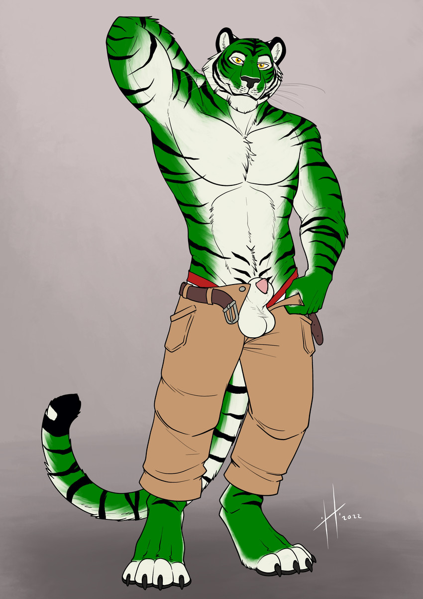 animal_genitalia anthro athletic athletic_anthro athletic_male balls barefoot bottomwear brown_bottomwear brown_clothing brown_pants clothed clothing facial_markings feet front_view fur genitals glistening glistening_eyes green_body green_fur hand_behind_head head_markings looking_at_viewer male male_anthro markings pants penis penis_tip pink_penis presenting presenting_balls presenting_penis sheath simple_background smile solo standing striped_arms striped_body striped_face striped_fur striped_markings striped_tail stripes tail tail_markings topless whiskers white_balls white_body white_fur white_sheath yellow_eyes hufnaar plasdurock felid mammal pantherine tiger 2022 absurd_res dated hi_res