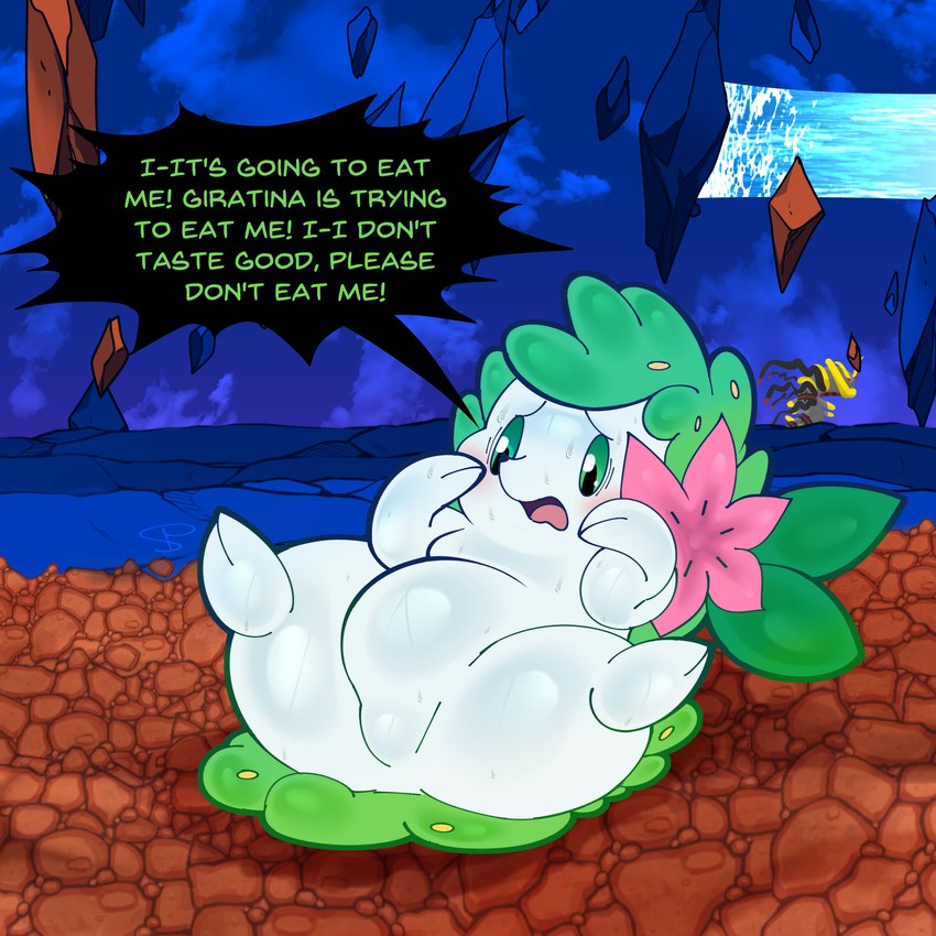 ambiguous_gender blush bodily_fluids distortion_world duo lying lying_on_ground on_back on_ground slightly_chubby sweat text softestpuffss nintendo pokemon generation_4_pokemon giratina land_forme_shaymin legendary_pokemon origin_forme_giratina pokemon_(species) shaymin 1:1 absurd_res english_text hi_res