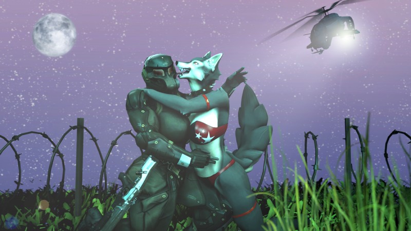 aircraft anthro armor barbed_wire bikini black_nose breasts clothed clothing duo female full_moon fur grass gun headgear helicopter helmet military moon outside plant ranged_weapon smile soldier swimwear two-piece_swimsuit vehicle warrior weapon crocwife canid canine canis mammal wolf 16:9 2018 3d_(artwork) digital_media_(artwork) hi_res source_filmmaker_(artwork) widescreen