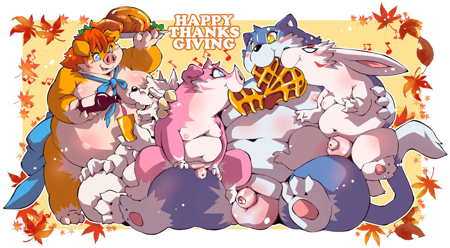 3_toes 4_fingers alcohol ambiguous_gender animal_genitalia anthro anthro_on_anthro anus balls belly beverage big_balls big_belly big_breasts big_moobs black_nose blue_balls blue_body blue_eyes blue_fur blue_markings blue_tail breasts butt cheek_tuft chibi closed_smile cute_fangs dipstick_tail eating eyes_closed facial_tuft fangs feet female fingers flaccid floppy_ears food foreskin front_view fur genitals glistening glistening_balls glistening_body glistening_breasts glistening_eyes glistening_genitalia glistening_nipples glistening_penis gloves_(marking) grey_balls grey_body grey_fur grey_markings grey_tail_tip group hair halloween_decoration hand_on_back hand_on_leg head_tuft holding_another holidays huge_belly humanoid_genitalia humanoid_penis hybrid_genitalia hybrid_penis larger_anthro larger_male leg_markings light long_ears lying male markings meat moobs mouth_closed multicolored_body multicolored_ears multicolored_fur musical_note musical_symbol nipples nude on_back on_front on_lap open_mouth open_smile orange_body orange_fur orange_hair orange_leaves overweight overweight_anthro overweight_female overweight_male pawpads penis pink_anus pink_balls pink_body pink_fur pink_nipples pink_nose pink_pawpads pink_penis plant pumpkin_patch pupils reading red_markings sheath sheathed_humanoid_penis simple_background sitting sitting_on_lap size_difference slightly_chubby slightly_chubby_anthro slightly_chubby_female slightly_chubby_male slightly_chubby_young slit_pupils small_balls smaller_anthro smaller_male smile snout socks_(marking) standing symbol tail tail_markings teeth text thick_thighs toes tuft turkey_meat two_tone_body two_tone_ears two_tone_fur two_tone_tail white_body white_fur white_sclera wide_hips wine wine_bottle yellow_eyes chibineco thanksgiving ambiguous_species canid canine canis domestic_cat domestic_dog domestic_pig felid feline felis mammal suid suine sus_(pig) 2025 colored digital_drawing_(artwork) digital_media_(artwork) english_text hi_res lighting shaded widescreen