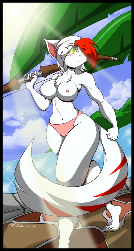 anthro bangs beach big_breasts black_border border bow_(weapon) breasts chest_tuft clothed clothing female fur green_eyes hair holding_object holding_weapon markings multicolored_hair navel nipples outside panties ranged_weapon red_hair seaside short_hair solo stripes thick_thighs topless tuft two_tone_hair underwear weapon white_body white_fur white_hair wide_hips mastergodai knuckle_up! rushana domestic_cat felid feline felis mammal hi_res