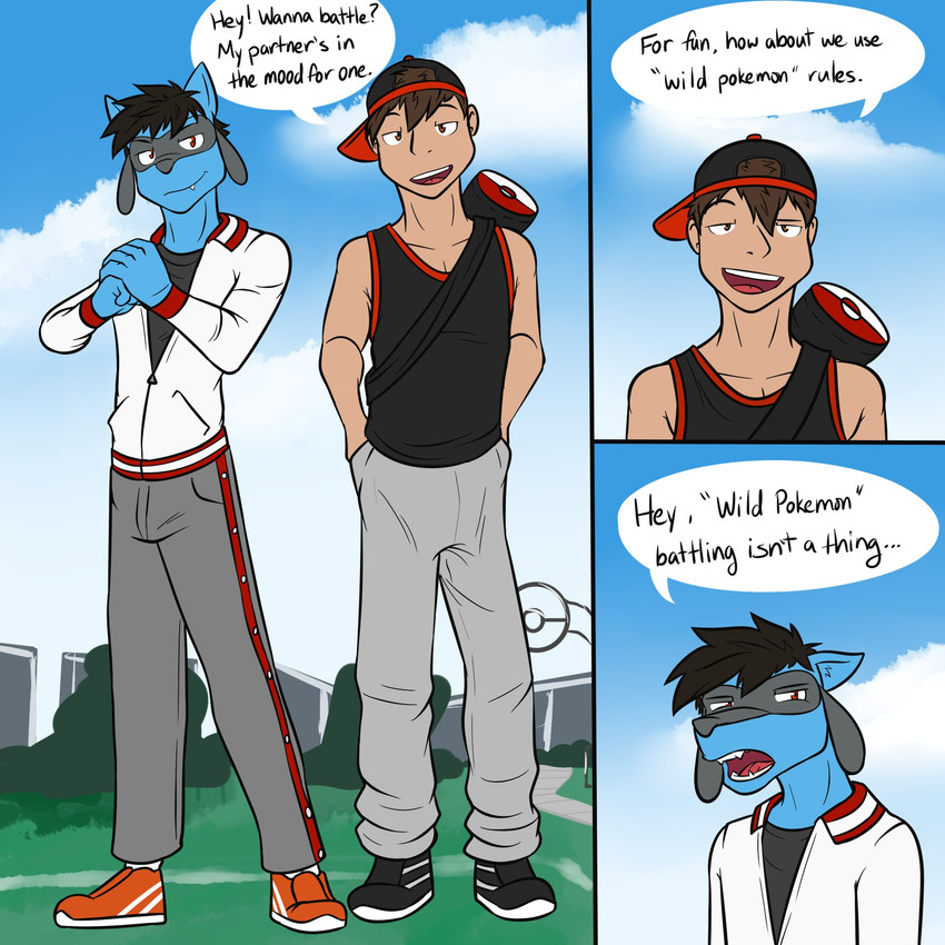 anthro anthrofied backwards_baseball_cap backwards_hat baseball_cap bottomwear clothed clothing dialogue duo fist_in_palm footwear fully_clothed hat headgear headwear male pants pokemorph shirt shoes tank_top text topwear fuze nintendo pokemon pokemon_trainer generation_4_pokemon human mammal pokemon_(species) riolu 1:1 comic english_text hi_res