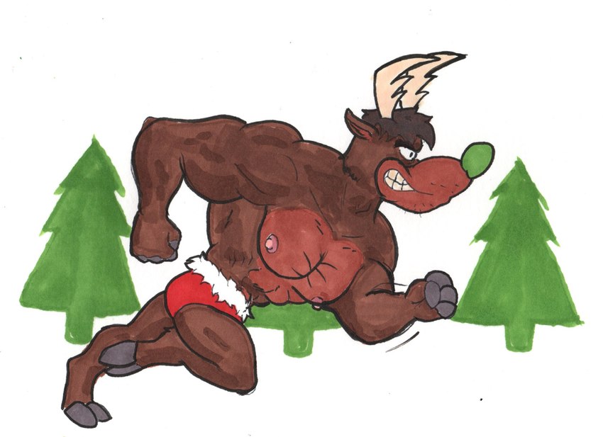 abs anthro antlers biceps biped bottomwear clothed clothing fur hair holidays hooves horn male muscular muscular_anthro muscular_male nipples pecs simple_background solo topless topless_male cobaltcerberus cartoon_network christmas evil_con_carne the_grim_adventures_of_billy_and_mandy rupert_the_green-nosed_reindeer deer mammal new_world_deer reindeer hi_res