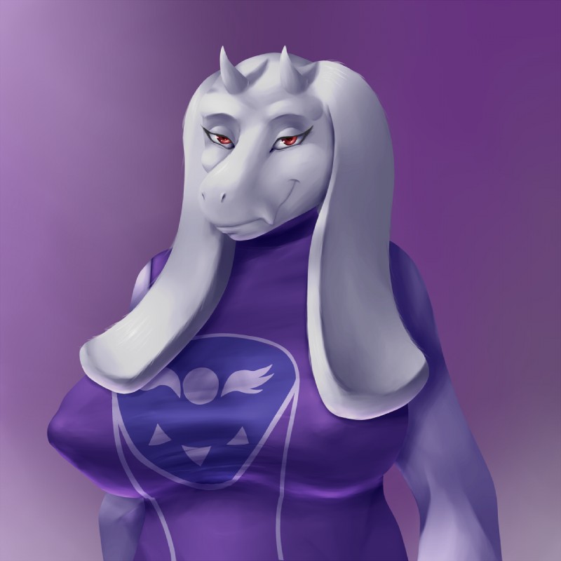 anthro breasts clothed clothing female fur horn long_ears looking_at_viewer nipple_outline red_eyes smile snout solo white_body white_fur white_horn howling-strawberries undertale undertale_(series) toriel boss_monster_(undertale) bovid caprine mammal 1:1 2017 bust_portrait hi_res portrait