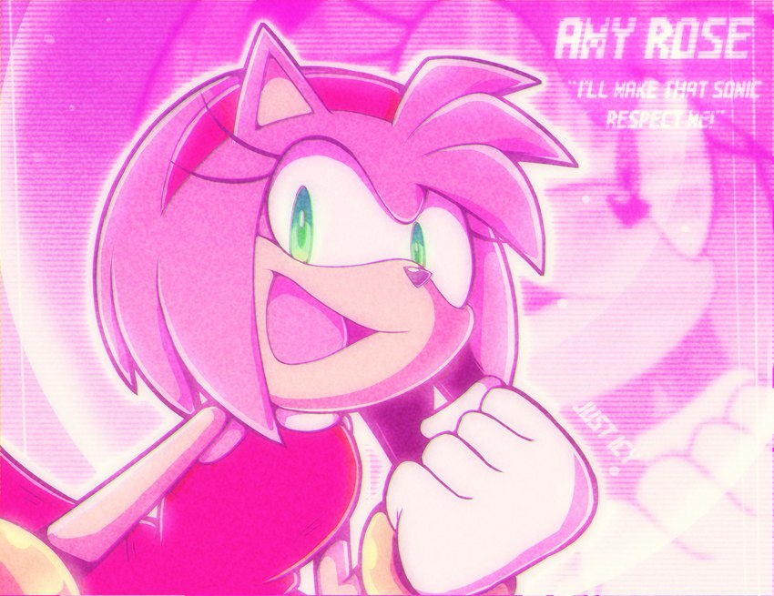 5_fingers accessory anthro clothing female fingers gloves green_eyes hair_accessory hairband handwear looking_at_viewer open_mouth open_smile pink_body smile solo just_icy sega sonic_the_hedgehog_(series) amy_rose eulipotyphlan hedgehog mammal hi_res signature