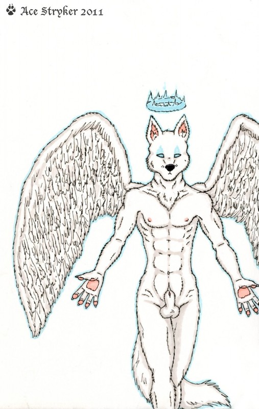 animal_genitalia anthro balls feathered_wings feathers genitals halo looking_at_viewer male nude sheath simple_background solo tail white_background wings ace_stryker angel canid canine canis mammal wolf 2011 hi_res