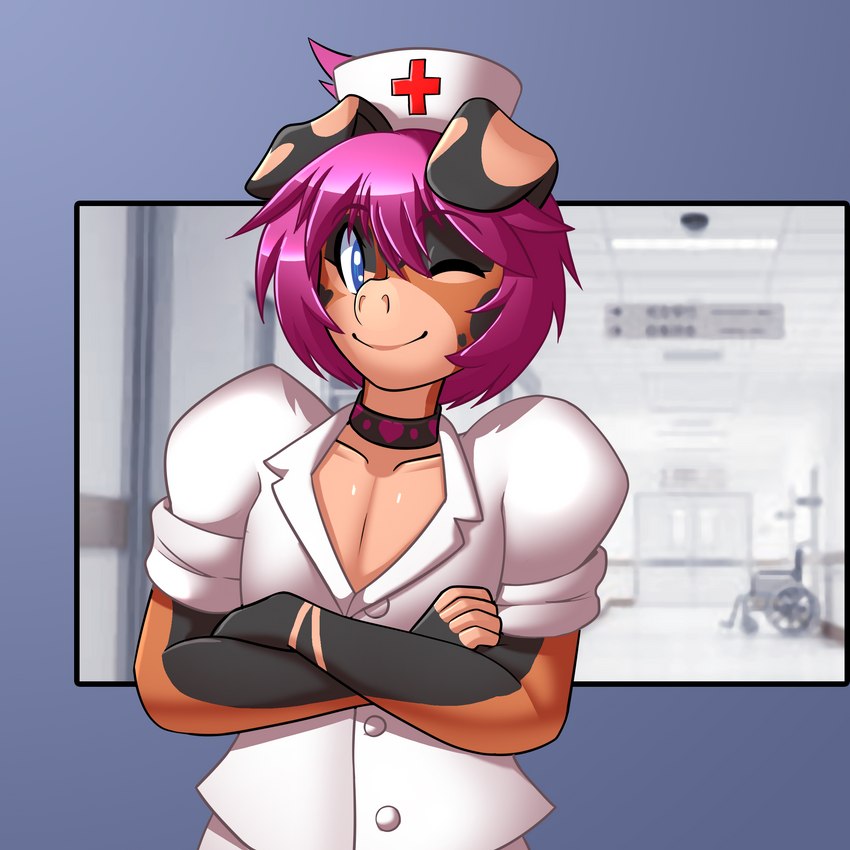 anthro blue_eyes choker clothing crossed_arms hair hat headgear headwear hospital jewelry looking_at_viewer necklace nurse_clothing nurse_hat nurse_headwear one_eye_closed short_hair smile solo nekonny billie_corneja domestic_pig mammal suid suina sus_(pig) 1:1 2020 absurd_res half-length_portrait hi_res portrait