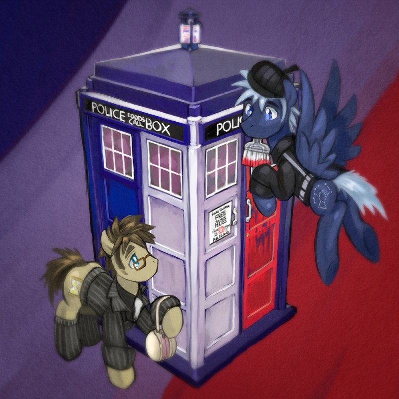 blue_body blue_eyes blue_feathers bottomless butt clothed clothing decorating duo feathered_wings feathers feral france hat headgear headwear male painting paris police_box tardis wings saturnspace british_broadcasting_corporation doctor_who friendship_is_magic hasbro my_little_pony mythology doctor_whooves_(mlp) jack_harkness_(doctor_who) jack_harkness_(mlp) earth_pony equid equine horse mammal mythological_creature mythological_equine pegasus pony 1:1