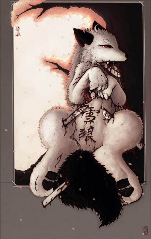 blood bodily_fluids death digitigrade female feral gore impalement plant solo teru_teru_bozu text tree feanor canid canine canis domestic_dog mammal hi_res japanese_text translated