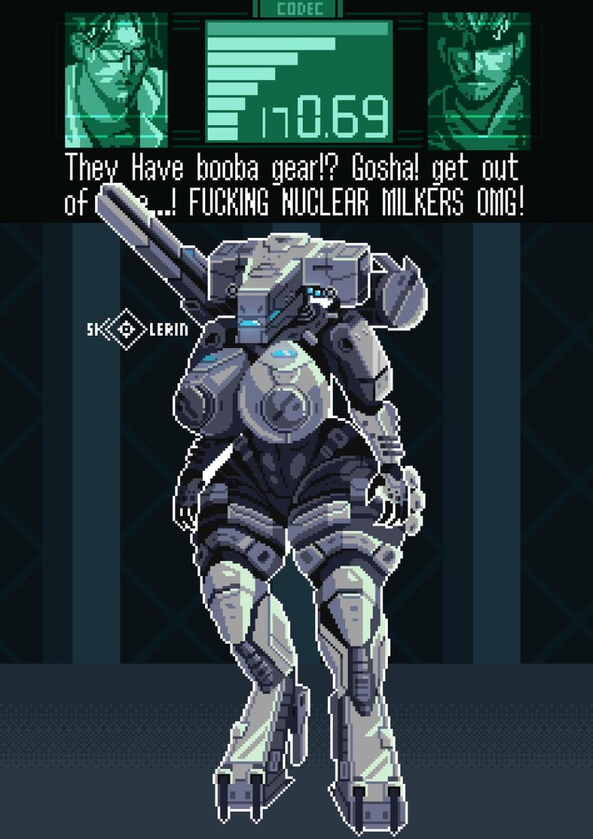 big_breasts blue_eyes breasts dialogue digitigrade female grey_body group huge_breasts machine male metallic_body shoulder_cannon text thick_thighs trio wide_hips skollerin konami metal_gear hal_emmerich metal_gear_rex solid_snake human humanoid mammal metal_gear_(robot) robot robot_humanoid digital_media_(artwork) hi_res pixel_(artwork)