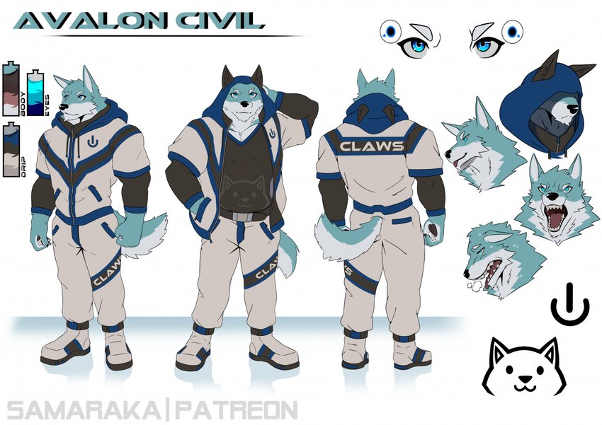 anthro blue_body blue_eyes blue_fur boots bottomwear claws clothed clothing countershading facial_expressions fluffy footwear front_view fur hoodie jacket male open_mouth pants rear_view shirt shoes simple_background solo standing teeth tongue topwear white_background white_body white_countershading white_fur samaraka avalon crisis canid canine canis domestic_dog mammal shiba_inu spitz comic model_sheet