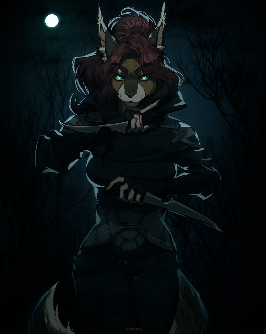 anthro armor assassin blade bladed_weapon blue_eyes braided_hair breasts clothed clothing curled_tail dagger dark_clothing darkness dual_wielding eye_contact female fingerless_gloves fluffy_ears forest full_moon fully_clothed gloves glowing glowing_eyes hair handwear heart_(marking) holding_object holding_weapon hood hood_down knife light light_armor looking_at_another looking_at_viewer markings melee_weapon moon moonlight night outside plant ponytail red_hair rogue shoulder_pads sky solo stalker stealth tail tree twin_blade walking_towards_viewer weapon mmorroxzks nakoma felid feline lynx mammal hi_res