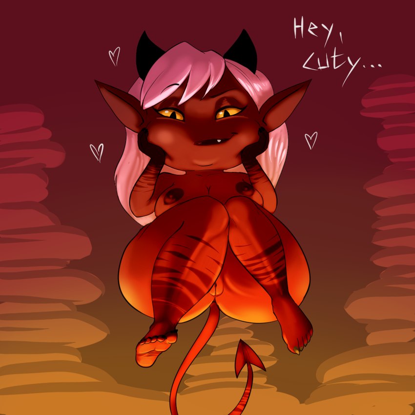 big_breasts big_butt breasts butt feet female genitals hair horn humanoid_pointy_ears looking_at_viewer mocah nipples not_furry nude pointy_ears pussy red_body red_skin short_stack smile solo stripes tail text thick_thighs blackbetty demon humanoid 1:1