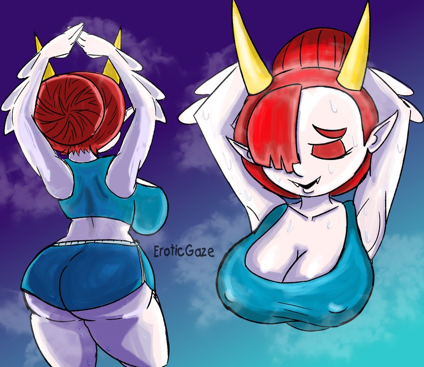 athletic_wear big_breasts big_butt bodily_fluids bottomwear bra breasts butt clothing fangs female gym gym_bottomwear gym_shorts hair horn nipple_outline red_hair shorts simple_background solo sports_bra sweat sweatdrop teeth underwear white_body eroticgaze disney star_vs._the_forces_of_evil hekapoo humanoid absurd_res hi_res