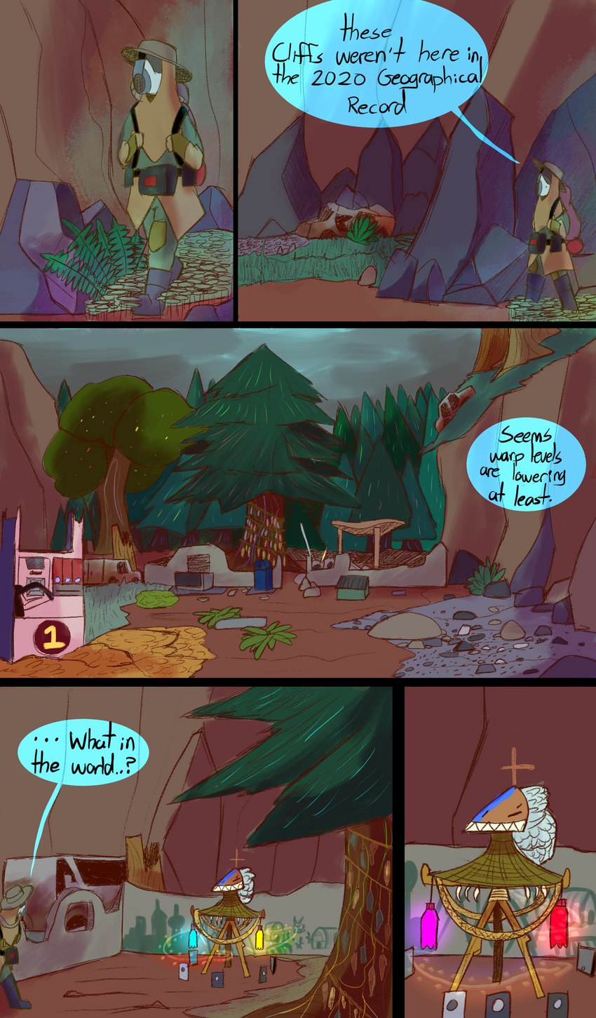 ambiguous_gender forest plant post-apocalyptic protective_gear ruins shrine solo text tree thepatchedragon dragonscape oli_(thepatchedragon) human mammal absurd_res comic english_text hi_res