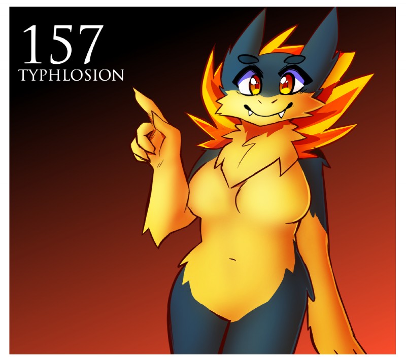 anthro anthrofied big_breasts blue_body blue_fur border breasts chest_tuft fangs featureless_breasts featureless_crotch female fur nude orange_eyes pokemorph simple_background smile solo teeth tuft white_border wide_hips yellow_body yellow_fur inget nintendo pokemon generation_2_pokemon mammal pokemon_(species) typhlosion digital_media_(artwork) hi_res